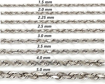 10K Solid White Gold Diamond Cut Rope Chain Necklace (1-5mm Thick)