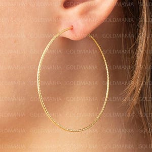 14K Gold 50 mm Creolen, Strukturierte Gold Creolen, Große Endlose Creolen, Echtgold Ohrringe für Frauen, Dünne Creolen Set, Diamant Schnitt
