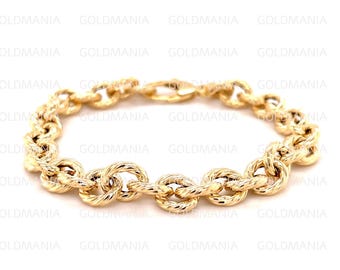14K Yellow Gold Twisted Round Link Chain Bracelet, 8.8mm Thick (7.5"/8")