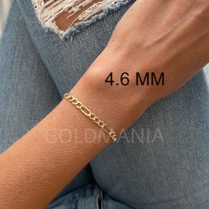 10K Yellow Gold Figaro Link Chain Bracelet, 7&quot; 8.5&quot; Inch, 4.6 mm 5.4 mm 6.5 Thick, Real Gold Bracelet, Hollow Gold, Women