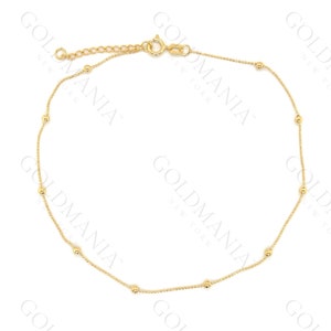 14K Solid Yellow Gold Bead Station Anklet Chain, 10&quot; Inch, Real Gold Anklet, Ankle Bracelet, Ankle jewelry, Women