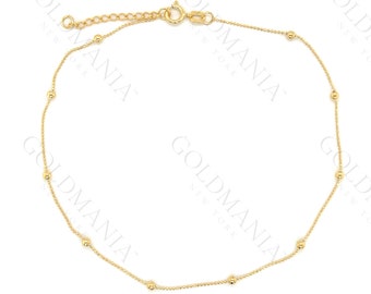 14K Solid Yellow Gold Bead Station Anklet Chain, 10" Inch, Real Gold Anklet, Ankle Bracelet, Ankle jewelry, Women