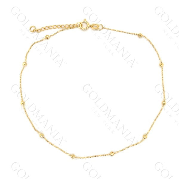 14K Gelbgold Bead Station Fußkettchen Kette, 10 "Zoll, Echtgold Fußkettchen, Fußkettchen Armband, Knöchelschmuck, Frauen