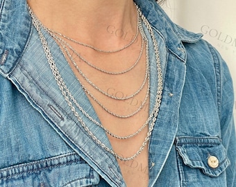 14K Solid White Gold Diamond Cut Rope Chain Necklace, 1.4mm to 3mm Thick