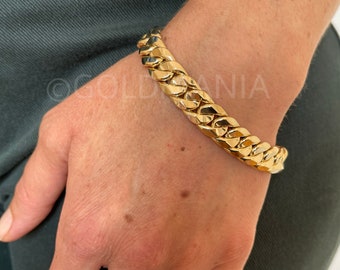 14K Yellow Gold Miami Cuban Link Chain Bracelet, 7.50", 10mm Thick Bracelet, Real Gold Bracelet, Women Cuban Bracelet, Hollow Cuban Bracelet