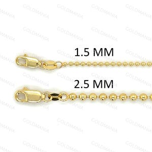 18K Solid Yellow Gold Ball Chain Necklace, 1.5mm 2.5mm Thick, 16&quot; 18&quot; 20&quot; 24&quot; Inch, Real Gold, Women