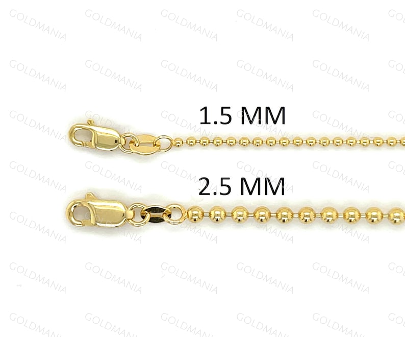 18K Solid Yellow Gold Ball Chain Necklace: 1.5mm or 2.5mm Thick 16 IN