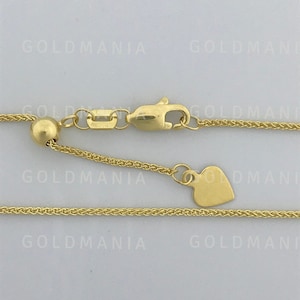14K Solid Yellow Gold Adjustable Round Wheat Chain Necklace, 22&quot; 30&quot; Inch, 1 mm Thick, Spiga Chain, Women Gold Chain, Thin Gold Chain