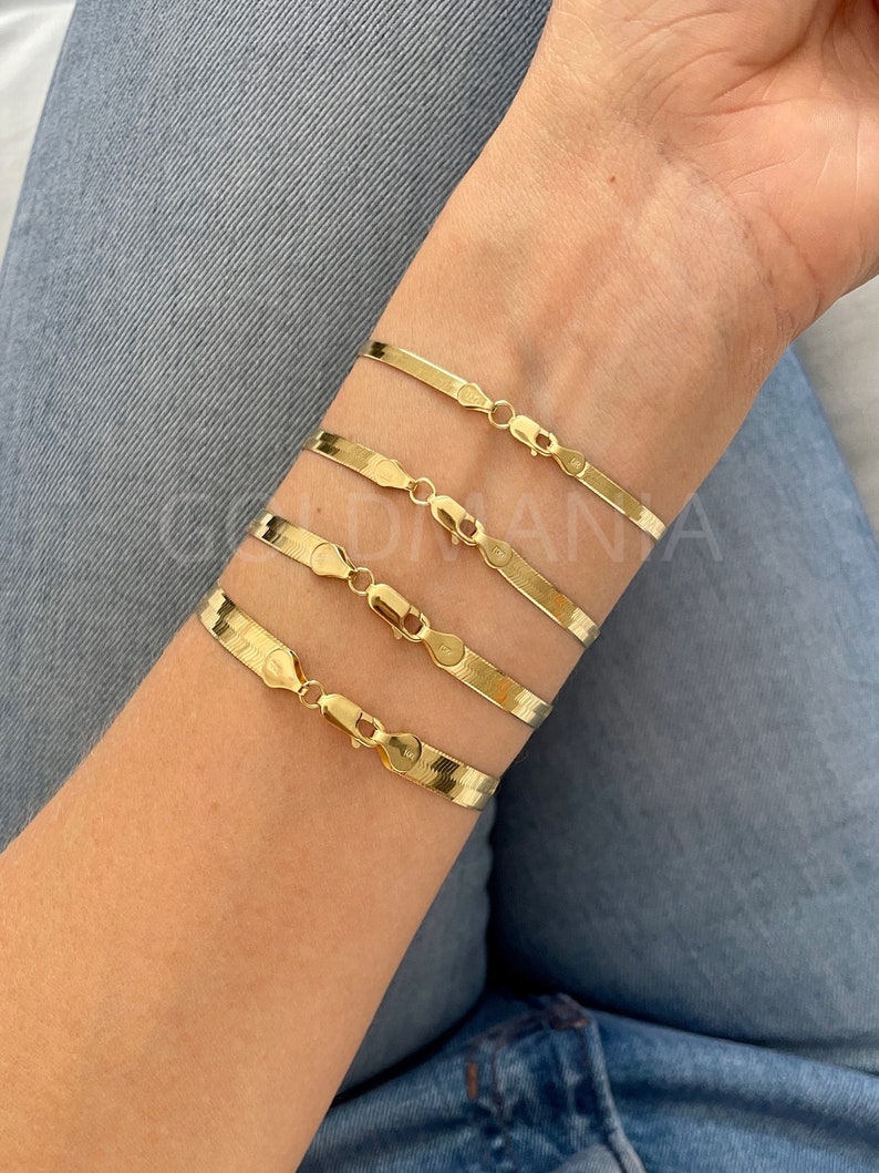 14K Solid Gold Herringbone Bracelet 7 8 3mm 4mm Etsy