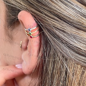 14K Gold Bezel Cuff Earring Set, Cuff Pair, Emerald, Sapphire, Ruby, Real Gold Earrings, Small Earrings, Women 14K Earrings