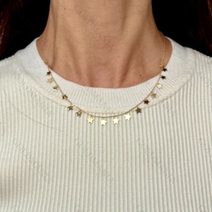 14K Solid Gold Star Necklace: Dainty Dangling Charm, Adjustable 17.25&quot;