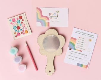 Paint Your Own Wooden Mirror Craft Kit | Heart or Flower Shape, Paint, Gem Stickers