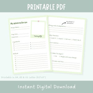 Printable Weaning Recipe Sheet | Baby Meal Planner | Digital Download | Baby Food Organizer | Instant Download | Weaning Tracker