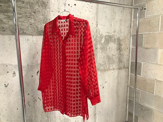 red sheer button up blouse