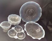 Vintage Moonstone Hobnail Serving Tray, Serving Bowl, Set of 6 Small Bowls, Creamer Server, Cloverleaf Condiment Server Fenton Glass