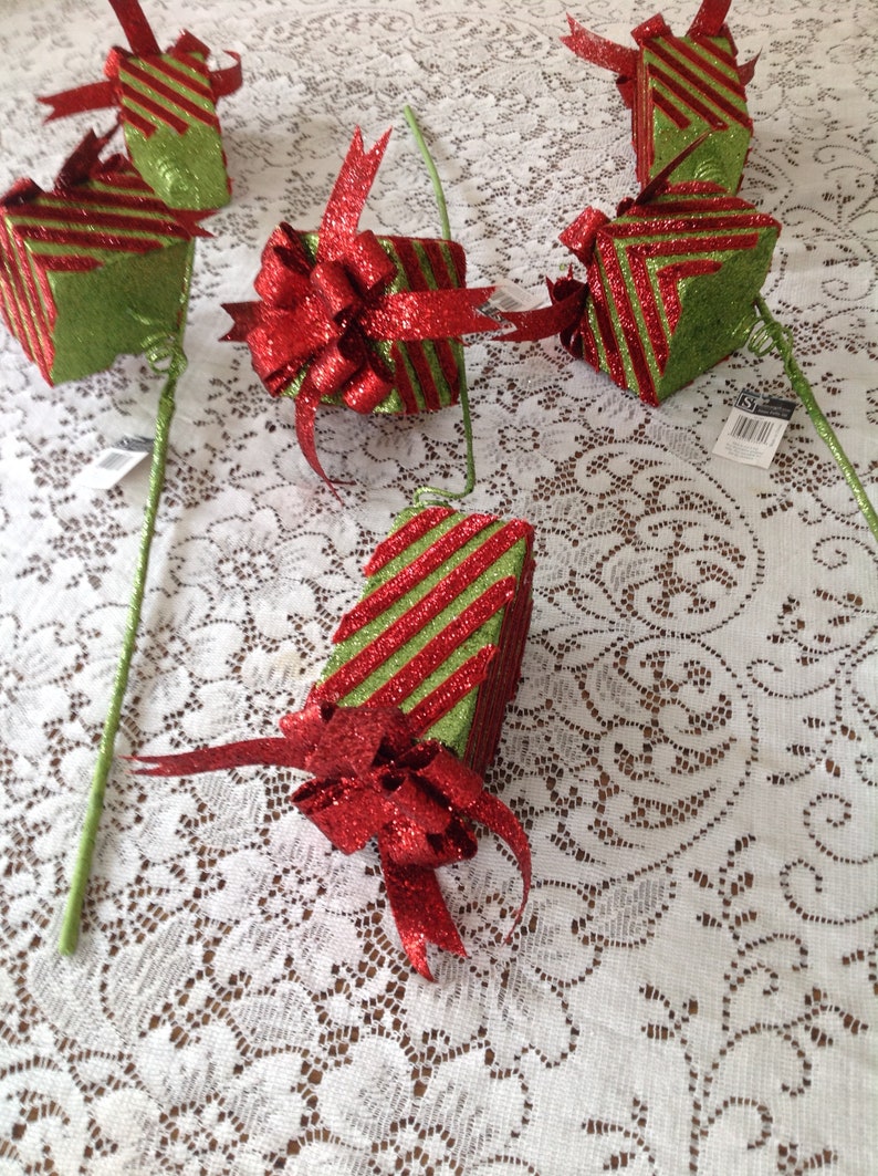 Large Green and Red Christmas Gifts with Glitter Floral Picks for Planter Arrangements image 5