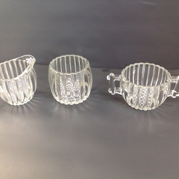 Vintage Heavy Clear Ribbed Glass Cream Sugar Toothpick Holder Set