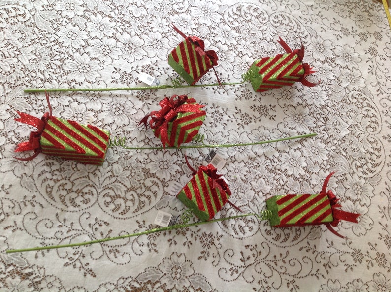 Large Green and Red Christmas Gifts with Glitter Floral Picks for Planter Arrangements image 2