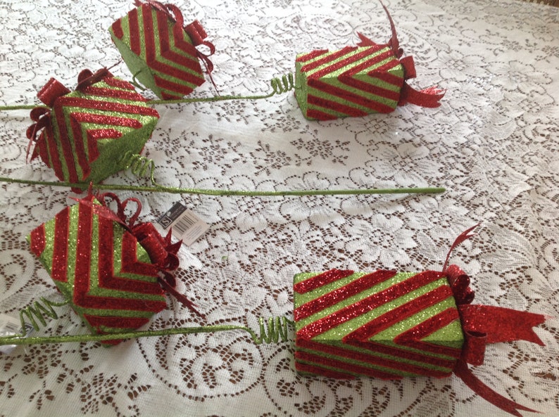 Large Green and Red Christmas Gifts with Glitter Floral Picks for Planter Arrangements image 3