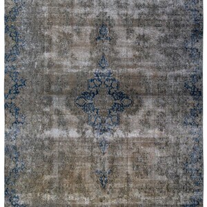 Vintage Korasan Wool Rug 404x261cm ( 13ft3in x 8ft7in) : Beige & Navy Blue, Overdyed
