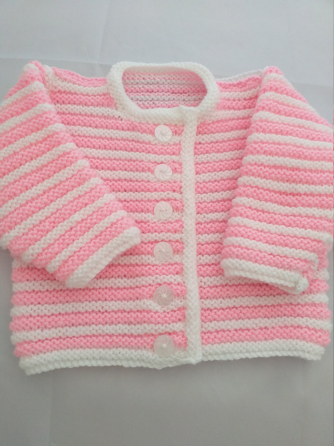 Hand Knitted Stripey Baby Cardigan Jacket , Pink White Baby Cardigan