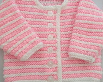 Hand knitted stripey baby cardigan jacket , pink white baby cardigan  , 3-6 months knitted cardigan , baby shower