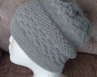 Hand knitted hat ,  textured slouch beanie  hat , grey knitted hat, wool beanie , beanie hat