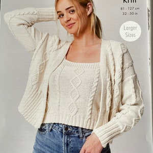 King Cole 5761 knitting patterns , ladies cable dk cardigan , knitted strap sun top , knitted vest top , double knit yarn knitting pattern