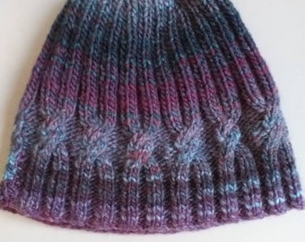 Hand knitted hat ,  aran beanie  hat ,  knitted hat, chunky beanie , beanie hat , handknitted hats , unisex beanie hat , blue purple hat