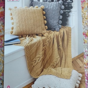 King Cole pattern 5661, aran patterns ,  aran cushions , aran knitting patterns , Aran pattern ,  Aran Throw Pattern, knitted home decor