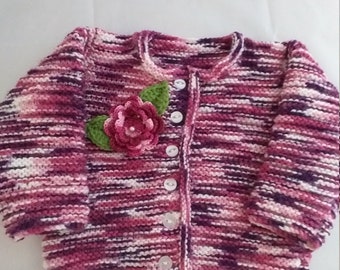 Hand knitted stripey baby cardigan jacket , burgundy pink  white baby cardigan  baby gift, knitted baby clothes gifts 3-6 mths, baby shower