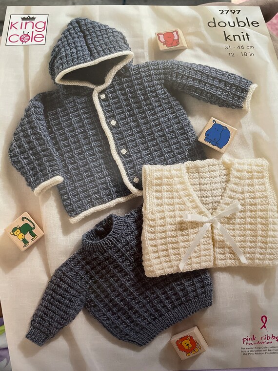 King Cole Baby Sweater, Jacket & Gilet Knitting Pattern 2797 - Double knit King Cole Baby Sweater, Jacket & Gilet Knitting Pattern 2797 - Double knit