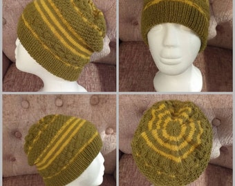 Hand knitted hat ,  textured slouch beanie  hat , olive  knitted hat, wool beanie , beanie hat