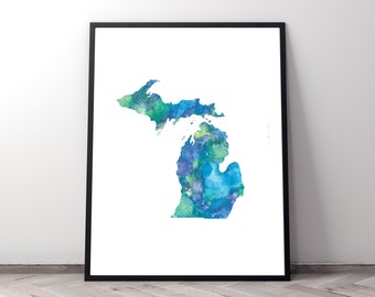 Michigan map, watercolor art, great lakes, gifts for mom