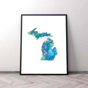 Michigan map, watercolor art, great lakes, gifts for mom