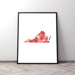 Virginia state map, printable wall art, watercolor print, UVA, Virginia Tech, Richmond
