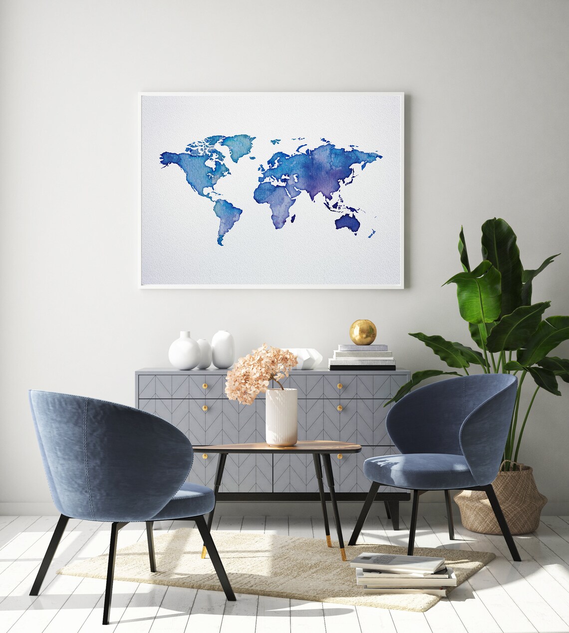 World Map Watercolor Wall Art Printable Poster Blue Home Etsy
