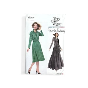 May include: A sewing pattern titled "Very Easy Vogue" featuring a green dress with a white polka dot pattern and a long-sleeved, button-down design. The pattern includes a drawing of a long, dark dress. The designer's name, Diane Von Furstenberg, is visible.