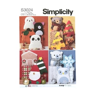 May include: Simplicity sewing pattern S3024 for various plush pillows including a ghost, cat, panda, pumpkin, bear, trees, gingerbread house, Santa, polar bear, snowflake, and owl. The pattern features seasonal designs for holidays and autumn.