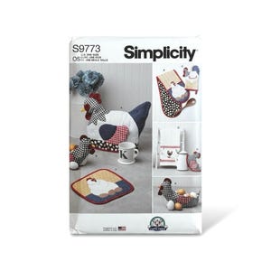 May include: Simplicity pattern S9773 for kitchen accessories featuring chicken-themed designs. The package displays a quilted chicken tea cozy, oven mitts, a towel, and a fabric basket, all decorated with red, white, blue, and black patterns.