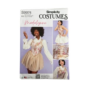 May include: Simplicity Costumes pattern S9974 featuring a Madalynne design. The cover shows a woman in a costume with a floral bodice, long sleeves, and a short skirt. The pattern includes sizes 8-18.