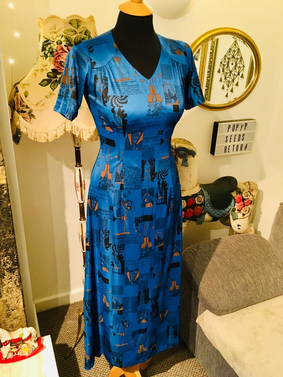 Unique Vintage 70s Quirky Print Maxi Dress Size 6… - image 1