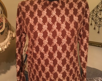 Unique Vintage Dimond Patterned Copper and Gold Blouse Size 10-12 Glam Rock Indie Boho