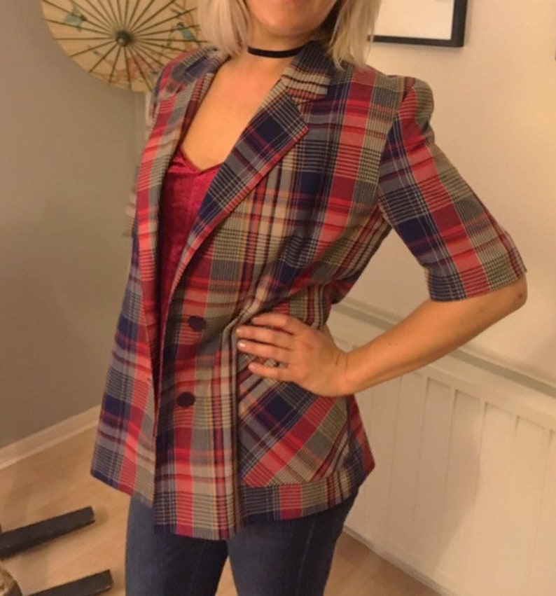 Vintage 80s Checked Blazer 34 Sleeve Indie Boho Hippie Size 1214