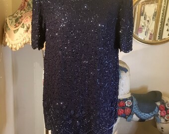 Beautiful Vintage 80s Heavily Beaded Sparkly Navy Dress Tiered Scalloped Size 12 Indie Boho Bohemian Glam Rock