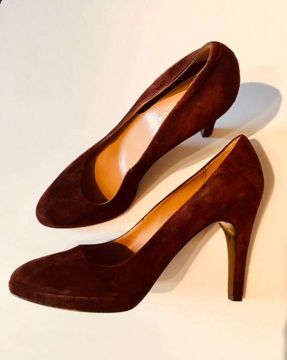 Vintage Retro Suede Chocolate Brown Platform Heel… - image 4