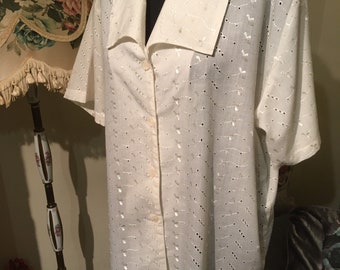 Vintage Oversized Off White/Cream Embroidered Blouse Size 12-18 Indie Boho Hippie Festival