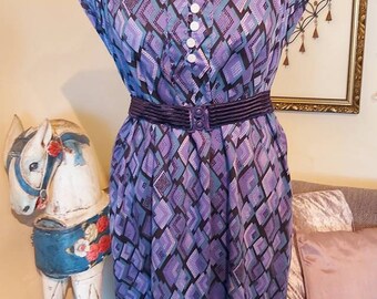 Vintage 70s Apron Blouson Psychedelic Patterned Dress Size 12-14 Indie Boho Hippie Abstract