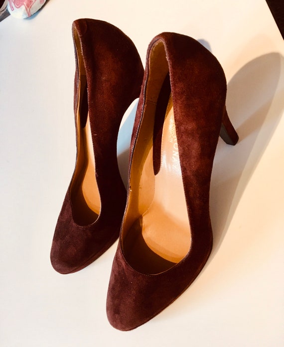 Vintage Retro Suede Chocolate Brown Platform Heel… - image 6