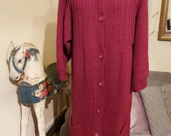 Vintage Long Burgundy Knit Coat Size 12-14 Indie Boho Bohemian Grunge